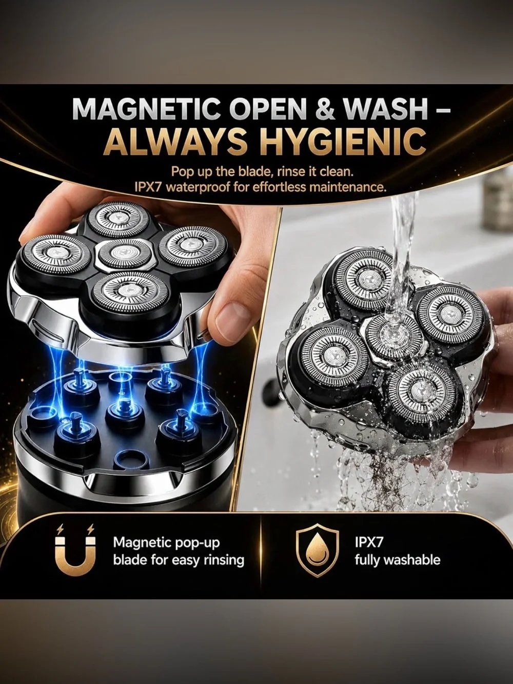 Head Shaver for Bald Men 2 Magnetic Detachable Heads Wet Dry Rotary LED Display